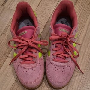 adidas Kids Pink Suede Sneakers with Neon Green Stripes